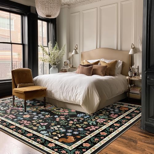 Image of Area Rug Vintage Floral Deer Pattern 8x10 - Bohemian Forest Animal Carpet with Squirrel & Butterfly, Soft Decorative Area Rug for Living Room Bedroom Home Decor