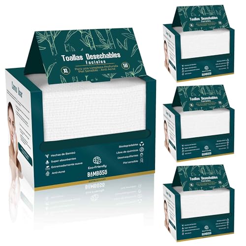 BAMBOSO Toallas Desechables Faciales Biodegradables Hechas de Bambú para Piel Sensible Caja 50 unidades Tamaño XL Grande | Toallitas Faciales Desechables Secas Anti-Acné (Pack de 4)