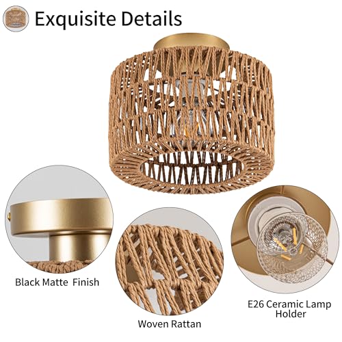 Rattan Ceiling Light, 1 Light Bohemian Modern Woven Flush Mount Ceiling Light, Boho Light Fixture for Bedroom Living Room Dining Room, Gold Finish by Rpzloila - Image 8