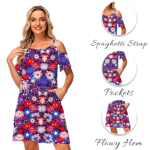 Image of Deerose Womens 4th of July Dresses Cold Shoulder American Flag Tie Dye A-Line Dress with Pockets