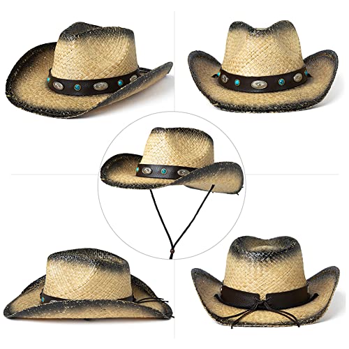 Image of Comhats Western Style Round Cowboy Straw Hat Ladies Fedora Chin Cord Vegan Leather Band Shapeable Brim Beach Cowgirl