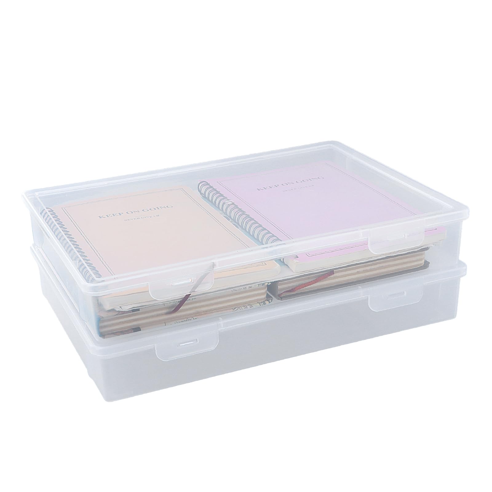 Tinsellns 2 Pack Portable A4 Size Storage Boxes with Latching Lids, Clear A4 File Box Set, for Documents, Scrapbook Paper Storage, and Board Game Organization