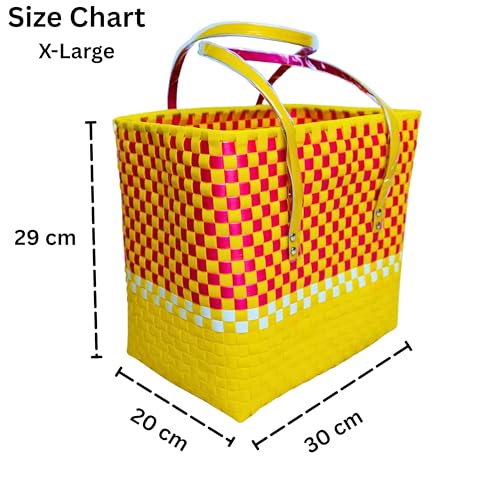 Image of Hand Made Multipurpose Plastic Basket with Lid | Eco-Friendly, Washable, Rust-Free Storage Basket for Kitchen, Picnic, Toys, Travel, Office | Lightweight basket (Yellow with Pink, XL)