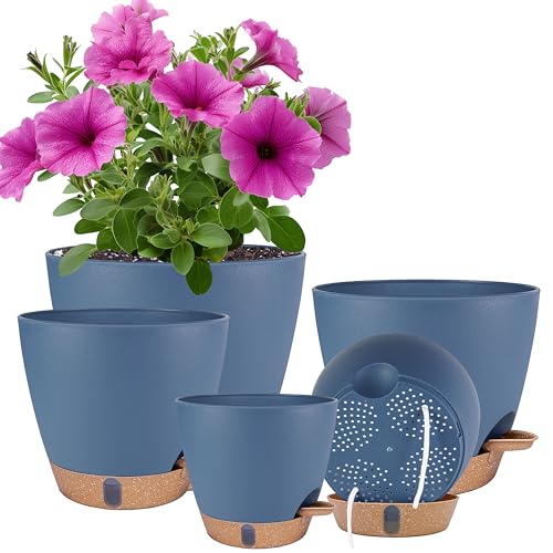 Self Watering Pots for Inoor Ourdoor Plants 8/7/6.5/6/5 Inch Plastic Planters with Drainage Holes & Water Level Indicator Decorative House Flower Nursery Planting Pots with Saucers (Navy Blue)