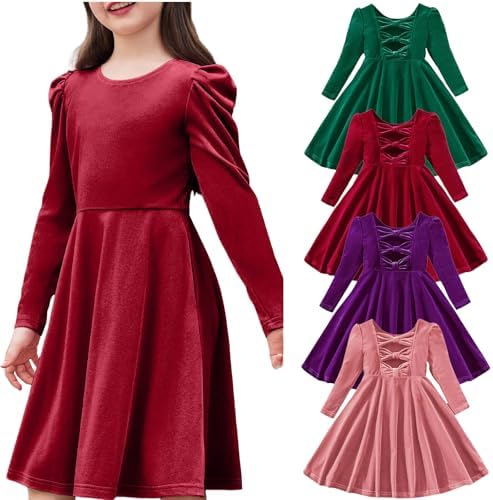 Christmas Dresses for Girls Long Sleeve Bow Dress 2025 Fall Winter Vintage Plain Outfits Kids Cute Clothes