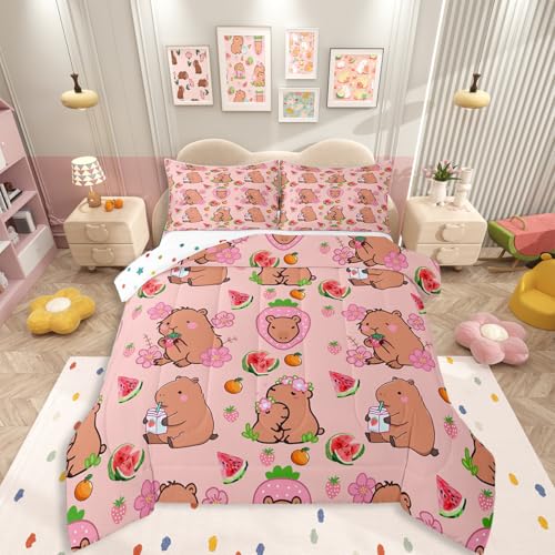 Capybara Lover Bedding Set, Capybaras Decor Comforter Set Twin For Kids Girls Bedroom, Cartoon Rodent Animals Quilted Duvet Capybara Decorations Watermelon Strawberry Duvet Insert Kawaii Decor, Pink