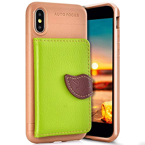Robinsoni Case Compatible with iPhone X Phone Case Wallet iPhone XS Leather PC Phone Cover Shockproof Kickstand Case Flip Note Book Style Phone Cover Heavy Duty Case Hard Case Leaf Green