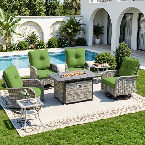 Image of 7-Piece Small Patio Furniture Set, Outdoor Swivel Rocking Chairs Set with 55,000 BTU Fire Pit Table Wicker Chairs and Tempered Glass Side Table, Patio Bistro Set for Balcony, Deck, Porch