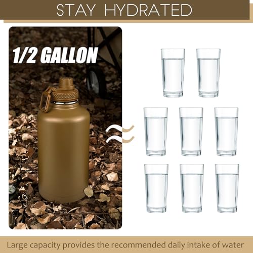 Image of Half Gallon Water Bottle with Sleeve - 64 Oz Insulated Water Jug with Handle - Green Stainless Steel Sports Water Bottle for Gym Workout Hiking Tactical Bottle Holder with Pouch Khaki