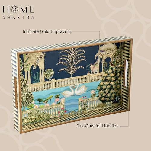Image of Swan Wooden Serving Tray with Gold Engraving | Pack of 1 | Size : 16 x 10 inch | Enamel Coated Waterproof | Rectangular | Swan Large