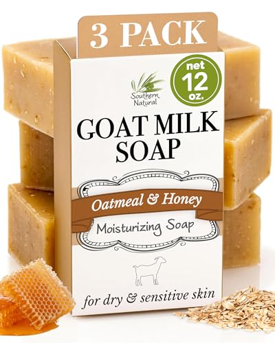 Image of Southern Natural Oatmeal Soap Bar, 3 Pack, Unscented Goat Milk Soap Bars | Colloidal Oatmeal, Honey, Dry Sensitive Skin, Fragrance Free Cleanser, Handmade, Men, Women, Kids, Baby, Face, Body