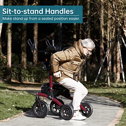 Elenker All-Terrain Upright Rollator Walker, Stand Up Rolling Walker With Seat, 12” Non-Pneumatic Tire Wheels, Compact Folding Design For Seniors, Red #TOP3