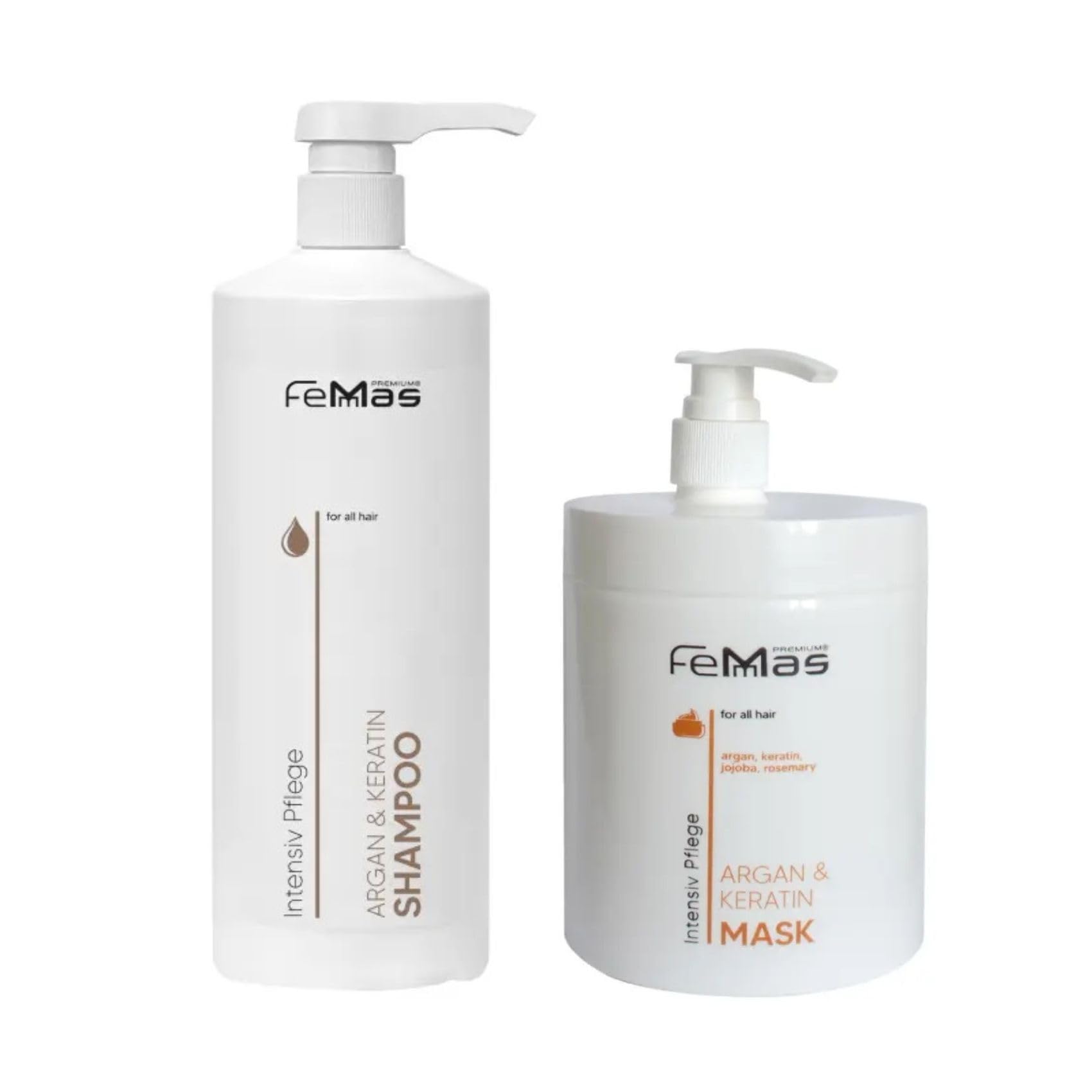 FemMas Argan & Keratin Shampoo 1L + FemMas Argan & Keratin Maske 1L mit Pumpe