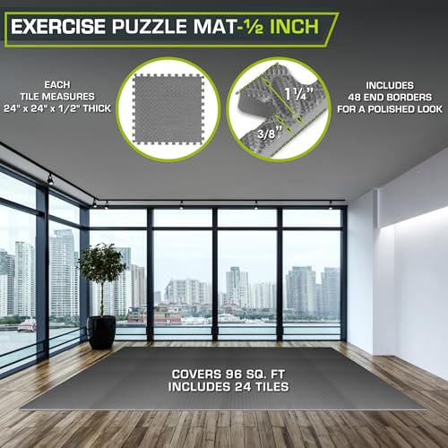 Image of ProsourceFit Exercise Puzzle Mat 1 /2-inch, EVA Interlocking Foam Floor Tiles for Home Gym, Workout Equipment, Kids Play Areas, Gray, 96 SQ FT - 24 Tiles
