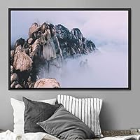 Framed Canvas Wall Art Foggy Mountains Aerial Cool Multicolor Nature Photography Realism Relax/Calm Rustic Wilderness - 16x24 inches