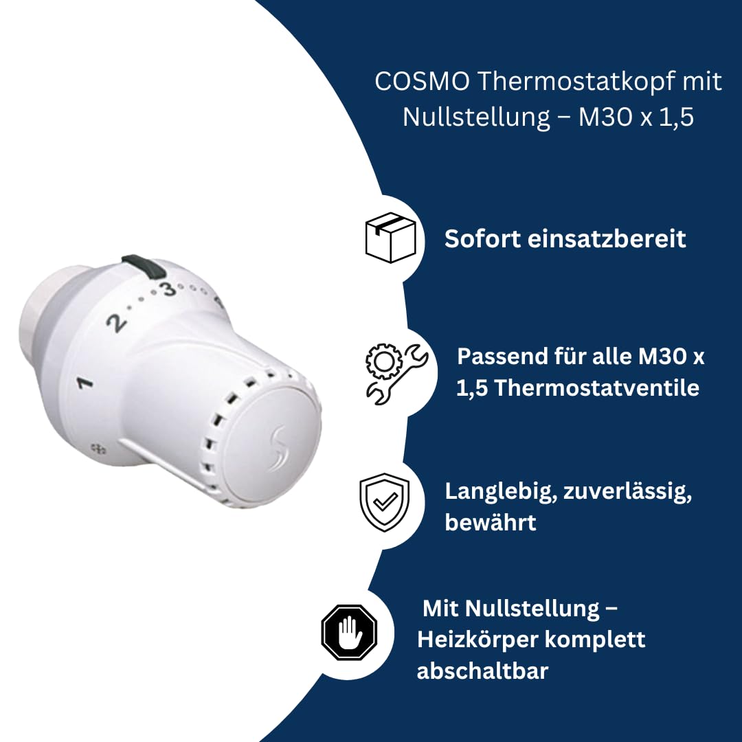 Thermostatkopf mit Nullstellung M30 x 1,5 CTN + Entlüftungsschlüssel 5 mm Vierkant – 10er Set – manuelle Heizkörper-Regelung, einfache Montage, klare Skala