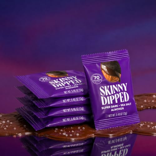 Image of SkinnyDipped Super Dark Chocolate + Sea Salt Almonds, Vegan, Healthy Snack, Plant Protein, Gluten Free, 0.46 oz Mini Bags, Pack of 24 | Crunchy Whole Almonds Thinly Dipped in Chocolate | Vegan | Gluten Free | Plant Protein Snack Packs