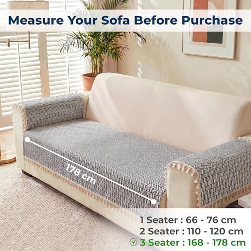 Image of Story@Home Quilted Anti Slip Sofa Cover Mat with 2 Armrest Cover, 3 Seater Velvet Sofa Protector with Tassels | Sofa Cover Mat for 1 /2 /3 Seater & L-Shape Sofa - 76 x 178 Cm - Navy Blue & White