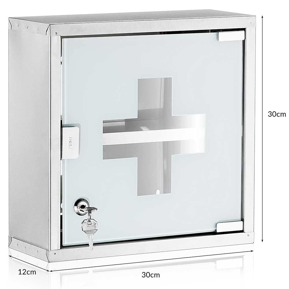 BAKAJI Armoire Porte-médicaments Armoire de Premiers Secours en Acier Inoxydable et Verre satiné Couleur Argent (30 x 30 cm)