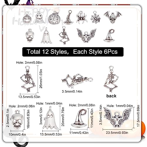 SUNNYCLUE 1 Box 72Pcs 12 Style Skull Charms Pumpkin Charm Bulk Halloween Skeleton Bone Spider Hat Magic Gothic Charm for Jewelry Making Charms DIY Earrings Bracelet Necklace Craft Treat or Trick Gift - Image 2