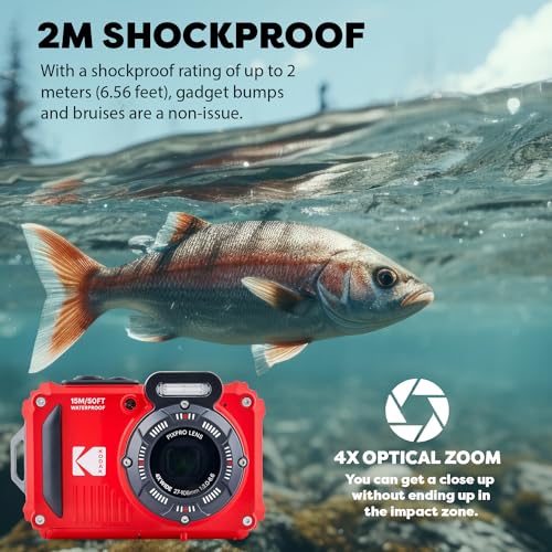 Image of KODAK PIXPRO WPZ2 Rugged Waterproof Digital Camera, Red Bundles with Case, Monopod, Card Reader and More (9 Items)
