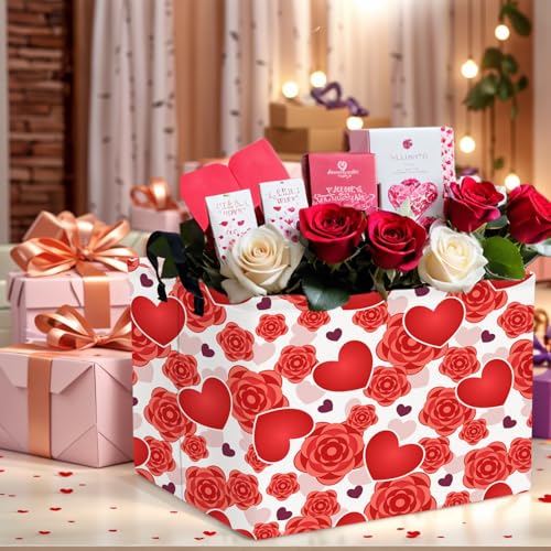 Image of Valentine's Day Basket for Gifts Empty Cute Heart Large Gift Basket Decorative Storage Bin for Kid and Baby Room Decor (Red Love Rose)