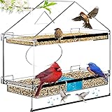 Window Bird Feeders,Large Bird Feeders for Outside with 2 Sliding Seed Trays, Wild Bird Feeders with Water Tray, Finch, Cardinal and Blue Jays Feeder, Drain Holes, Weatherproof -Acrylic (Clear)