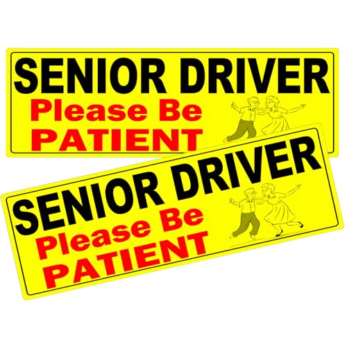 Image of 2 Pack Senior Driver Car Magnet Sign, Elderly Driver Magnet for Car, Please Be Patient Caution Sign to Old Grandma and Grandpa, Gag Prank Funny Gifts for Women, Men(Black - 2 Pack)