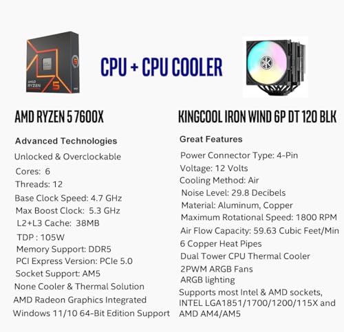 Image of MICRO CENTER CPU Air Coolor Combo - AMD Ryzen 5 7600X CPU Processor with KINGCOOL Iron Wind 120mm ARGB CPU Air Cooler