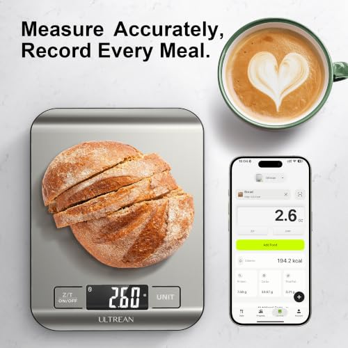 Image of Ultrean Smart Food Kitchen Scale with Nutritional Calculator, App for Macro & Calorie Tracking, AI Scan, Digital Grams and Ounces for Weight Loss, Rechargeable, Stainless Steel, 33lb /15kg
