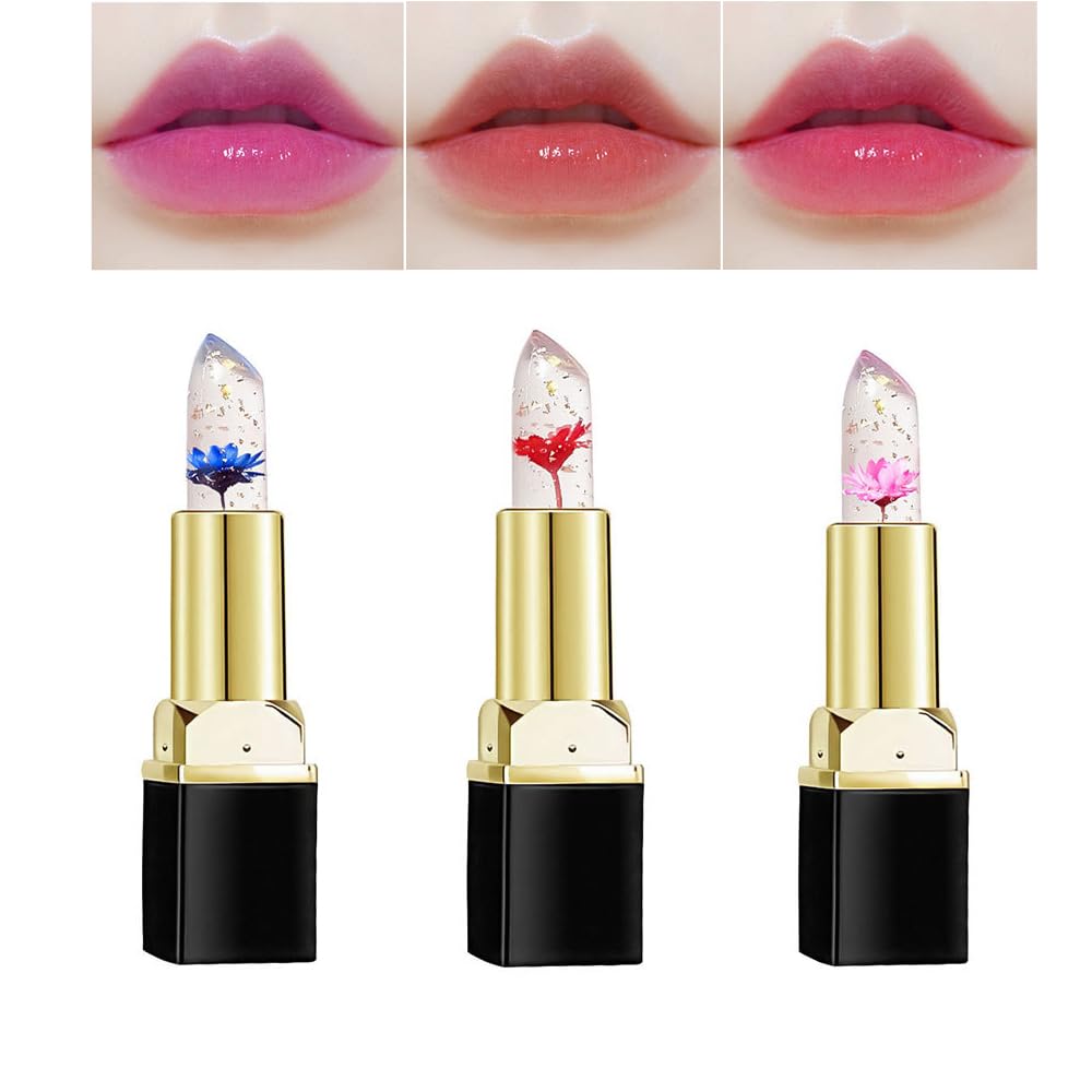3 Color Crystal Flower Jelly Lipstick, Long Lasting Nutritious Lip Balm Lips Moisturizer Magic Temperature Color Change Lip Gloss