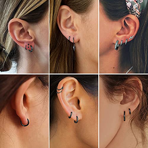 ChainsHouse Hypoallergenic Surgical Stainless Steel Hoop Earrings Set, 18K Gold/Black Metal Plated 7mm/8mm/9mm/12mm 3 Pairs Nickel Free Huggie Hoop Earrings for Women Men, with Gift Box3