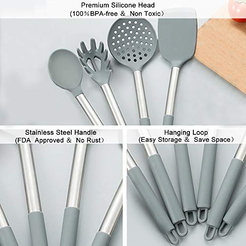 Silicone Kitchen Cooking Utensil Set,25PCS Kitchen Utensils with Holder,Heat-Resistant Non-Stick BPA-Free Stainless Steel Handle Silicone Spoons Spatula Turner Whisk Tongs Cooking Tools - Grey