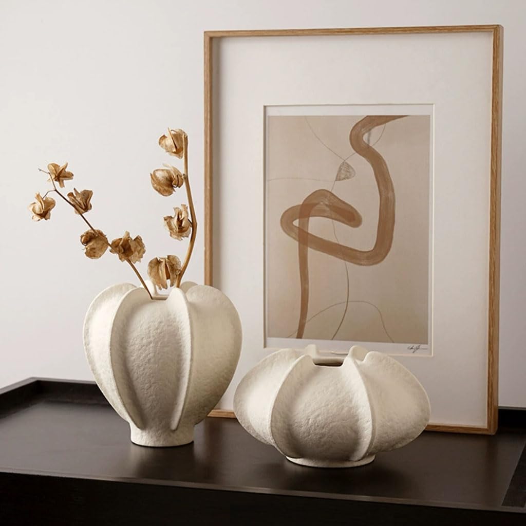 Vasen Set Keramikvase Organische Rillenform, weiße strukturierte Blumenvase Keramik für Trockenblumen, Minimalistisches Wohnaccessoires & Deko,A