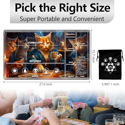Image of for MTG Playmat with Card Storage Bag,Non-Slip Rubber Base & Smooth Surface 27.6x15.7in,Beginner-Friendly Magic Mat for Commander Deck,Cats Playing Cards-1