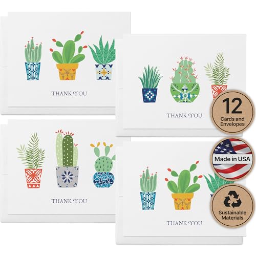 Image of Twigs Paper Cacti Thank You Cards, 12 Blank Note Cards with Envelopes | Small size, gratitude & appreciation notes, hand-illustrated artwork, stationery, bulk value set