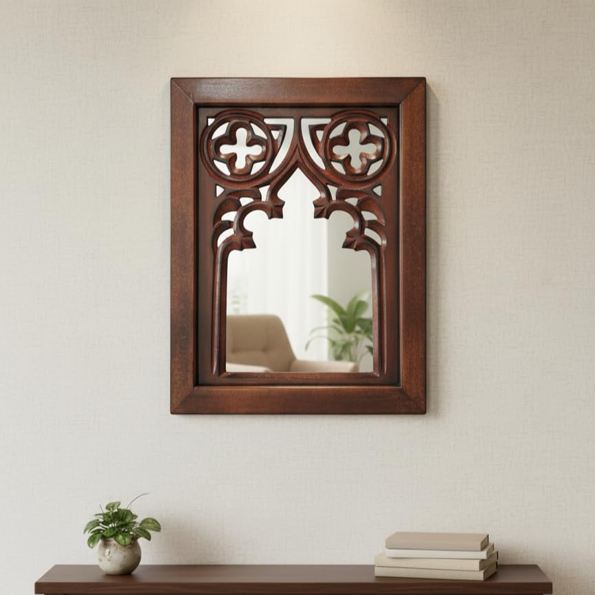 Image of Antique Black Hand Carved Wooden Jharokha Wall Mirror Frame for Home & Bedroom Decor - Traditional Arch Design (12x9 Inch) (Brown)