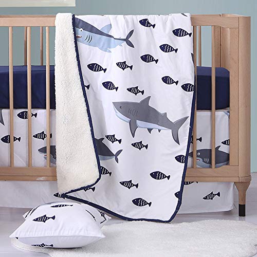 Image of Brandream Nautical Crib Bedding Sets for Boys 100% Cotton Navy Blue Baby Nursery Bedding 3 peices Cute Cartoon Fish Shark Ocean Coastal Theme