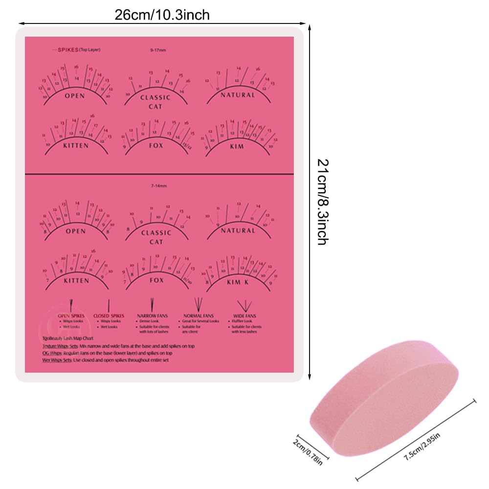 Beginner Lash Map Chart Wispy Lashes Pratice Chart with 5PCS Eye Shape Sponges Reusable Lash Extension Practice Lash Mapping Makeup (Rose - Type B+5pcs Pink Sponges)