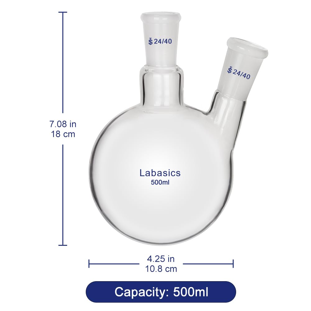 Labasics Glas 500ml Rundkolben mit 2 Hals RBF, 2 Neck Round Bottom Flask mit 24/40 Mittlerer und Seiten Konus Joint - 500ml