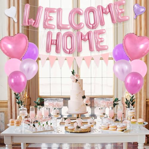 Image of TONIFUL 16 Inch Pink Welcome Home Foil Letter Balloon Banner Decoration Kit