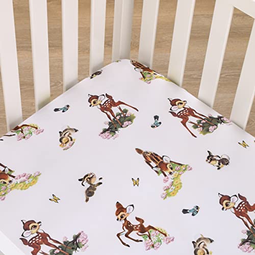 Disney Vintage Bambi - Tan, Green And White, Bambi And Thumper Floral Nursery Fitted Crib Sheet #TOP2