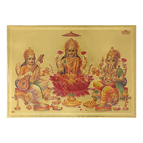 Yogic Mantra Lakshmi Ganesh Saraswati Photo Poster (7x5 Inches 24K Gold Plated Foil Paper 180 GSM) Energized Laxmi Ganesh Saraswati Wall Art Decor Embossed Printing for Diwali Gift Home Office Mandir