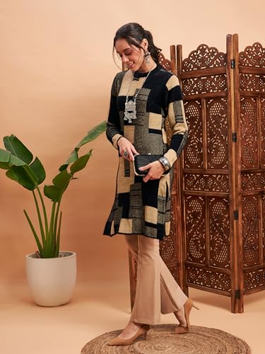 Image of Women's Woolen Winter Kurta | Ethnic Motifs Self Design Long Sleeve Straight Wool Kurti with Round Neck