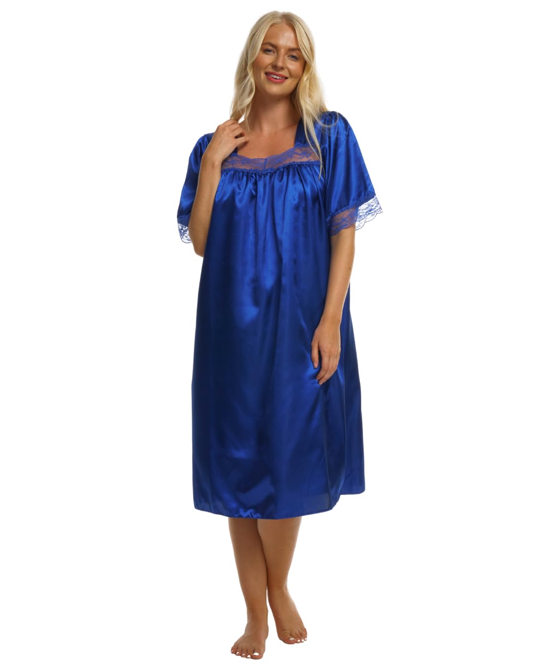 Suzy & Me Women's Sapphire Short Sleeved Lace Trim Satin Nightdress (, 24-26)