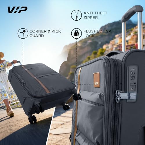 Image of VIP Grande 8 Wheel Check-in (Medium Size) Soft Case Trolley Bag | TSA Lock | Expandable Polyester Luggage | 3 Year International Warranty | Anti-Theft Zipper | 70 CM Suitcase for Travel | Black