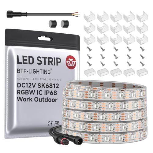 Image of BTF-LIGHTING SK6812(Similar WS2812B) RGBW RGB+Natural White(4000K) Individually Addressable DC12V 16.4FT 60LED /m 4 Color in 1 Light Dream LED Strip IP68 White PCB(No Adapter or Controller)