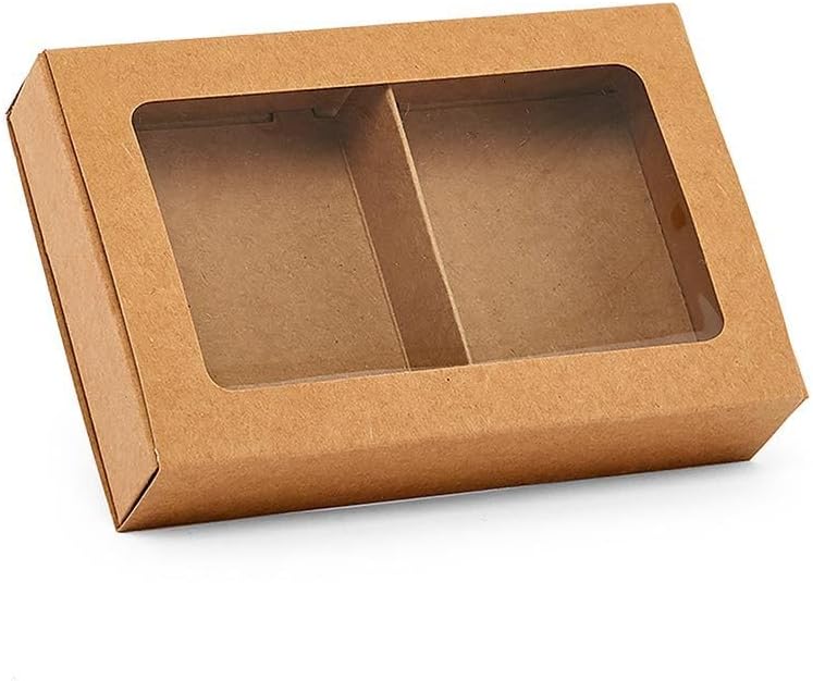 Paper Mart Soap Box with 2 Sections, 100 Pack, Slide Open Kraft Boxes with Clear Window, 6 ⅛ x 4 x 1 ¼ Inch Small Gift Boxes