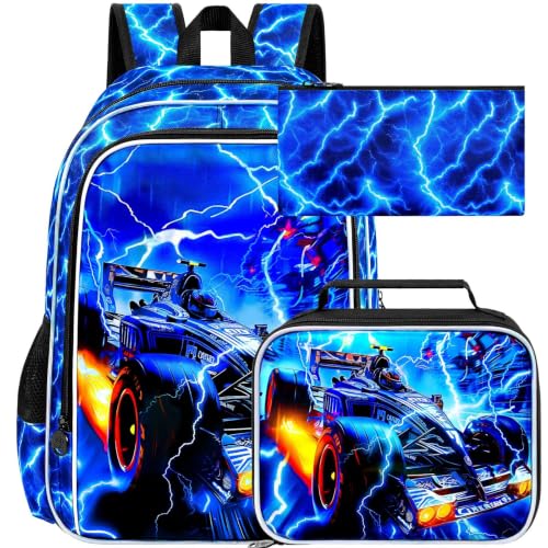 Image of 17 inch Cars Backpack for Boy, 3Pcs Lightning Bookbag for Elementary Preschool Kindergarten, Kids School Backpacks with Lunch Box (Blue)