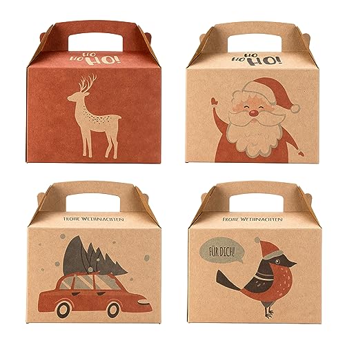 Geschenkboxen für Weihnachten – 4 verschiedene Geschenkverpackungen im Set – 14 x 9,9 x 9,9 cm – Weihnachtsboxen aus Kraftpapier – Geschenkschachteln zum Befüllen – auch für Werbegeschenke